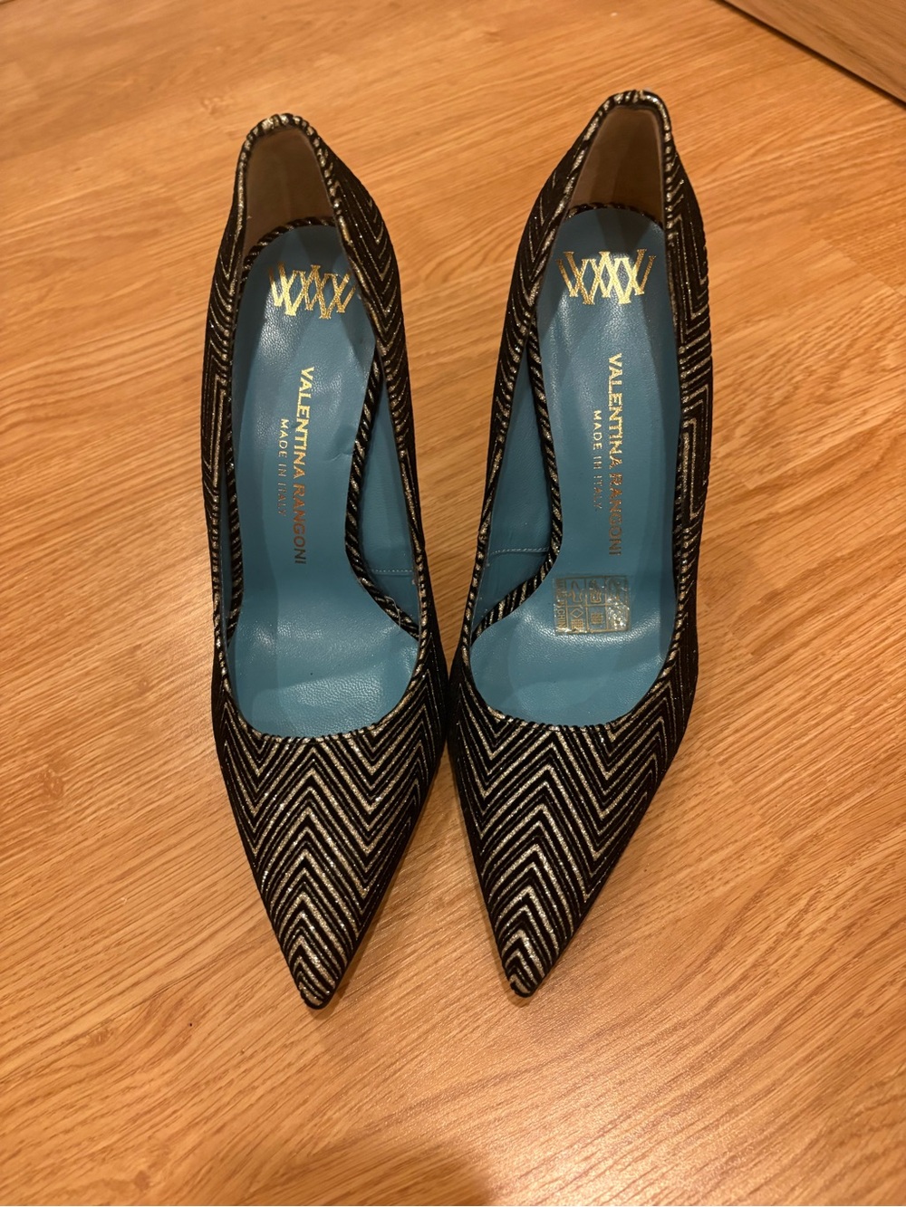 Rangoni Black and Silver Chevron Pointed-Toe Pumps
